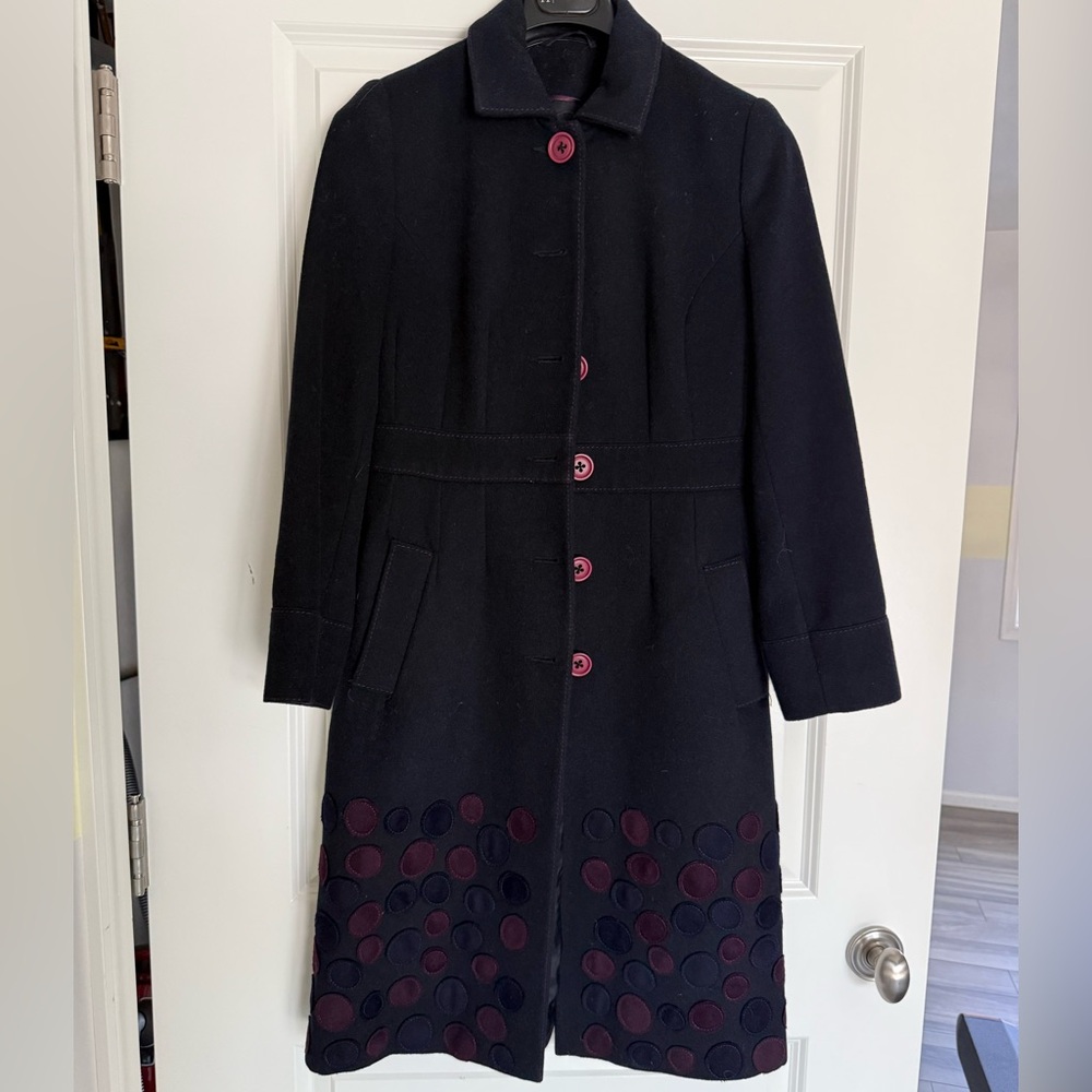Boden Wool Cashmere Navy Blue Pea Coat with Purple Appliqué Polka Dots